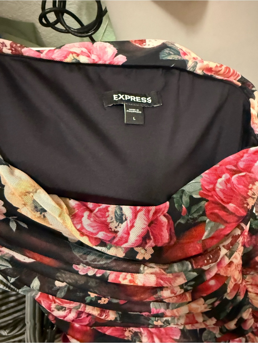 Express Black Midi Skirt with Pink and Red Floral Print
